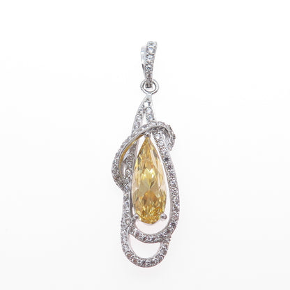 925 Sterling Silver Pear-Cut Canary & Round-Cut White C Z Twisted Charm Pendant