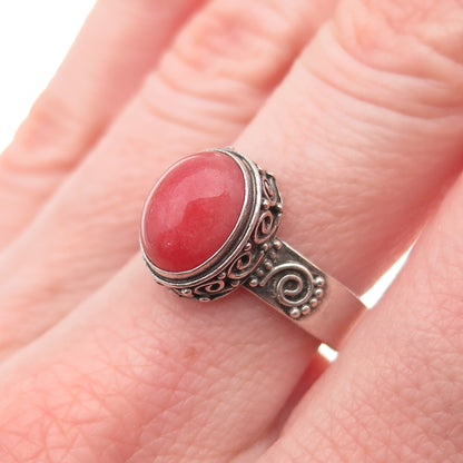 925 Sterling Silver Vintage Real Cherry Quartz Spiral Oxidized Ring Size 7.5