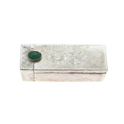 800 Silver Antique Art Deco Real Green Onyx Engraved Tube Slide Lipstick Case
