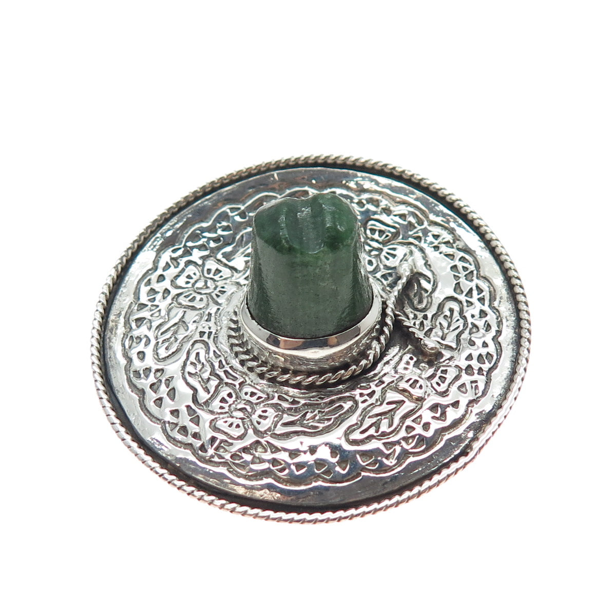 925 Sterling Silver Vintage Mexico Real Jade Sombrero Hat Oxidized Pin Brooch