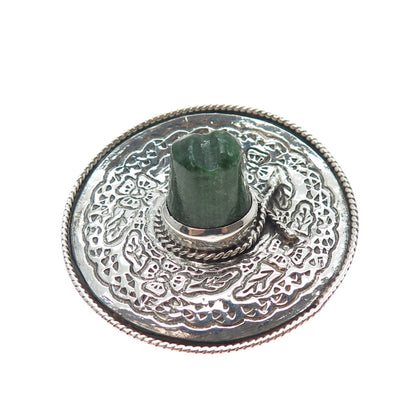 925 Sterling Silver Vintage Mexico Real Jade Sombrero Hat Oxidized Pin Brooch