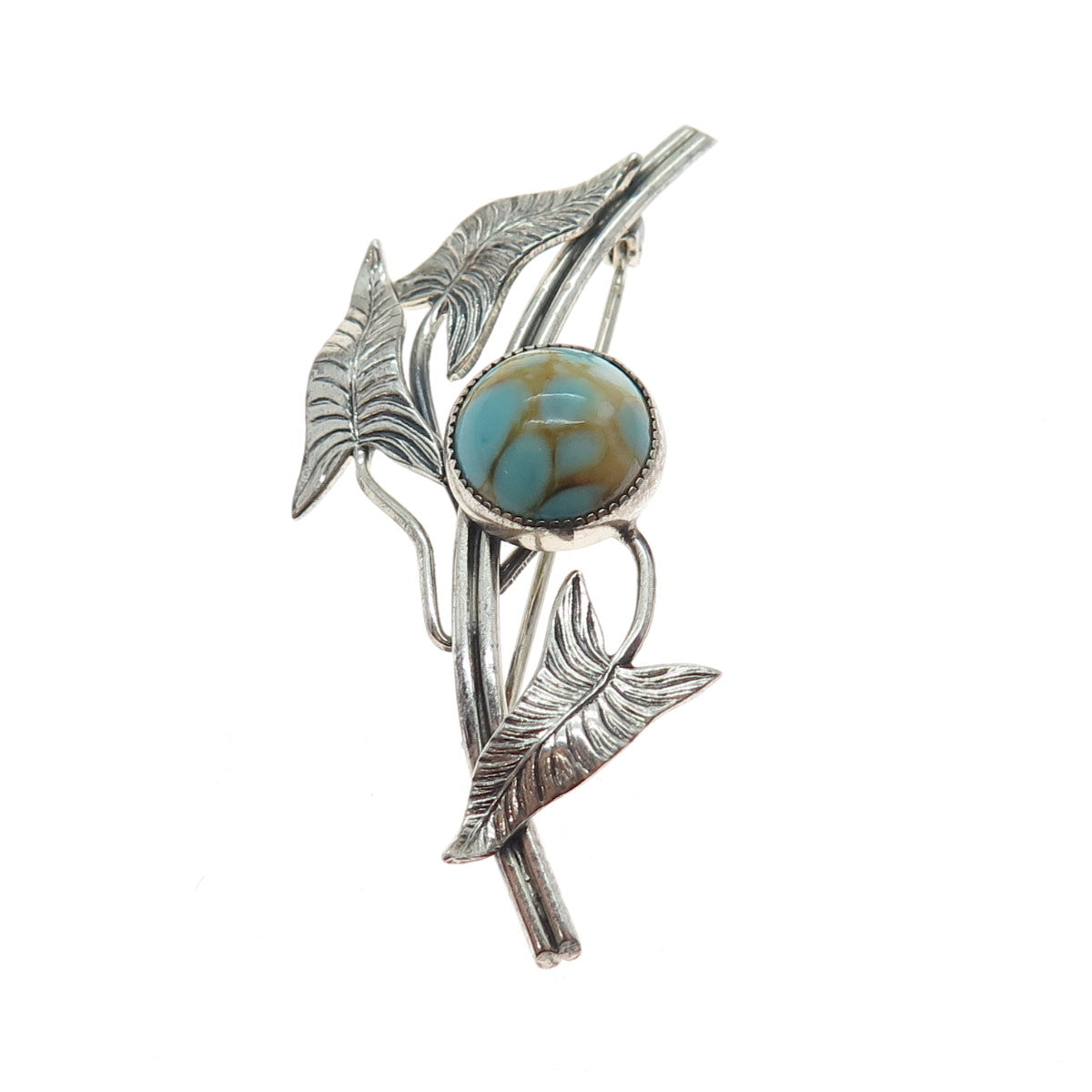 DANECRAFT 925 Sterling Silver Vintage Faux Turquoise Floral Leaf Pin Brooch