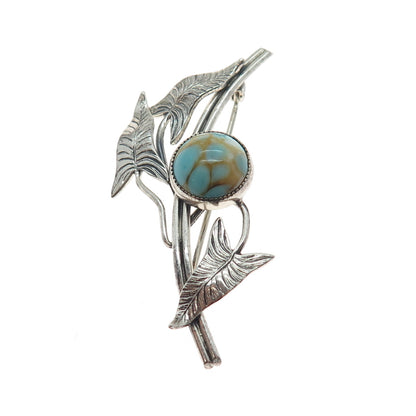 DANECRAFT 925 Sterling Silver Vintage Faux Turquoise Floral Leaf Pin Brooch