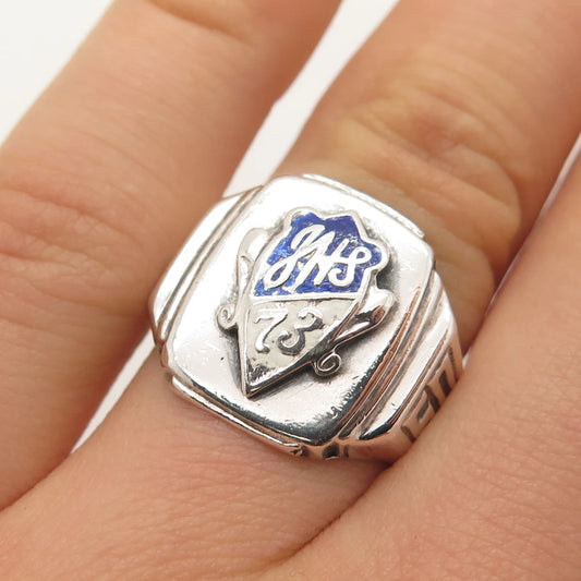 925 Sterling Silver Vintage Colorful Enamel 1950 "JHS 73" Ring Size 7.25