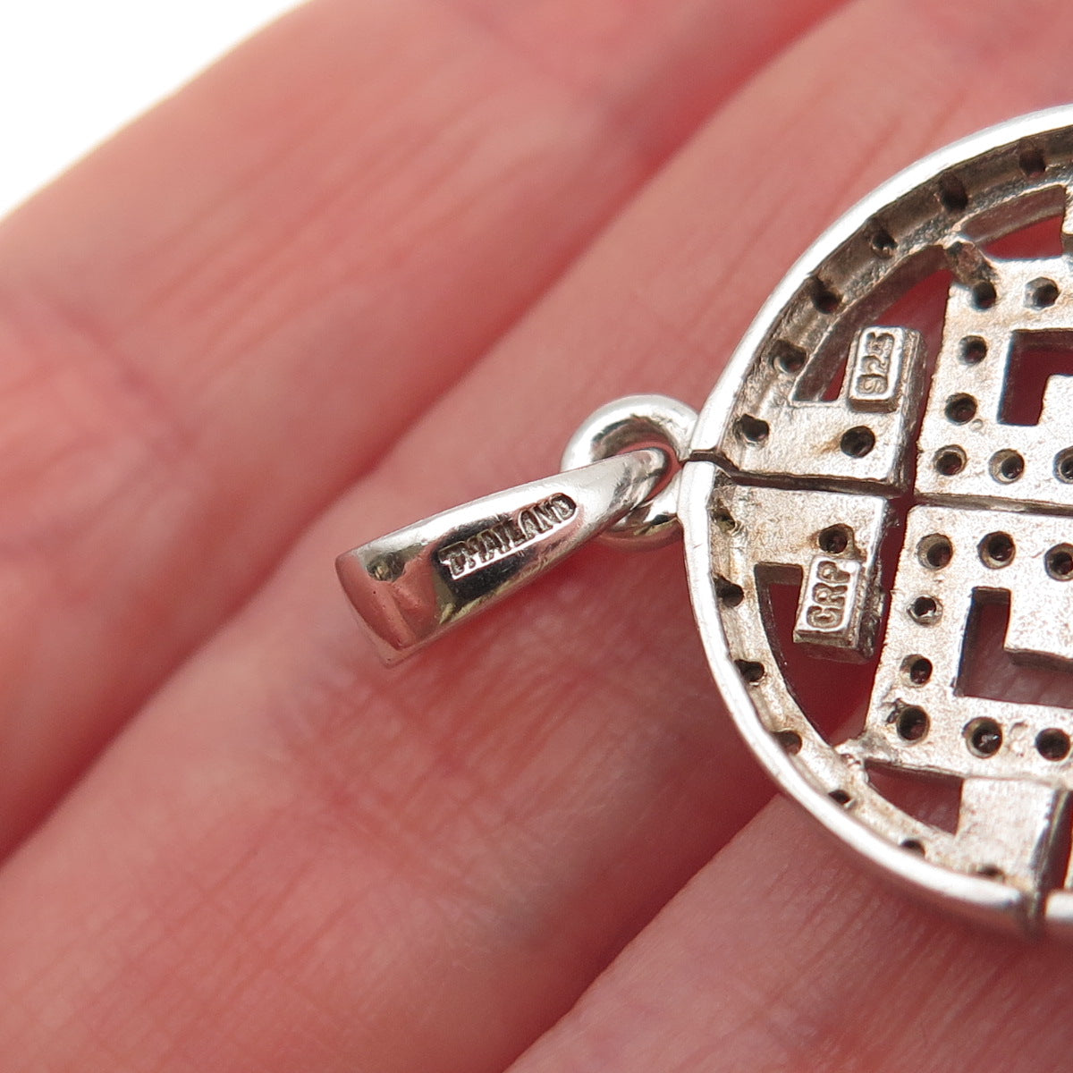 925 Sterling Silver Real Round-Cut Diamond Greek Key Charm Pendant
