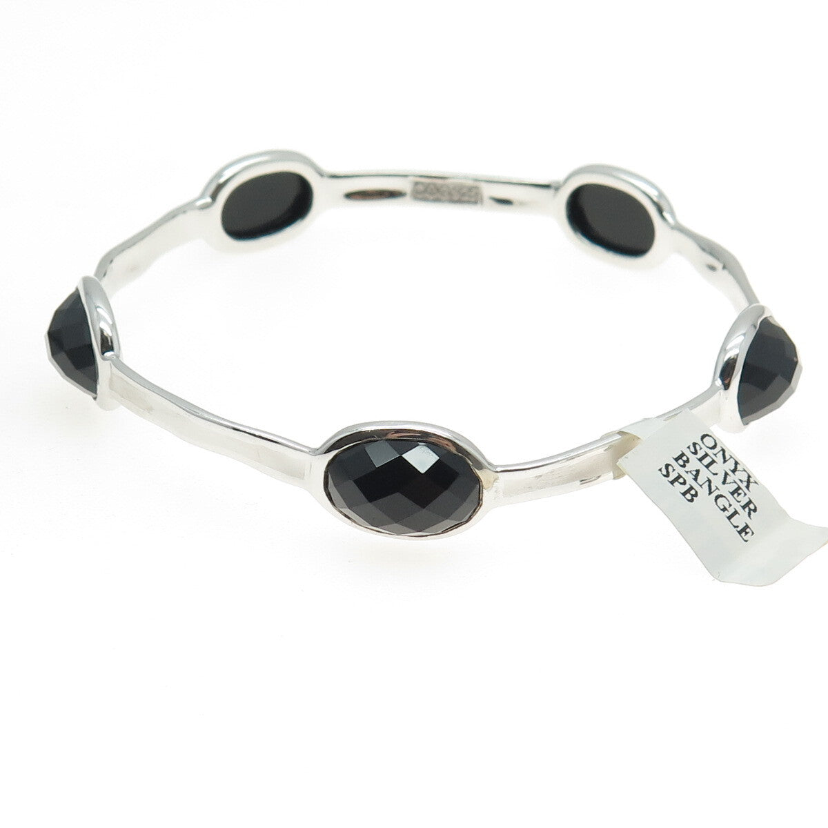 CHARLES GARNIER Sterling Silver Real Black Onyx Station Bangle Bracelet 8.25"