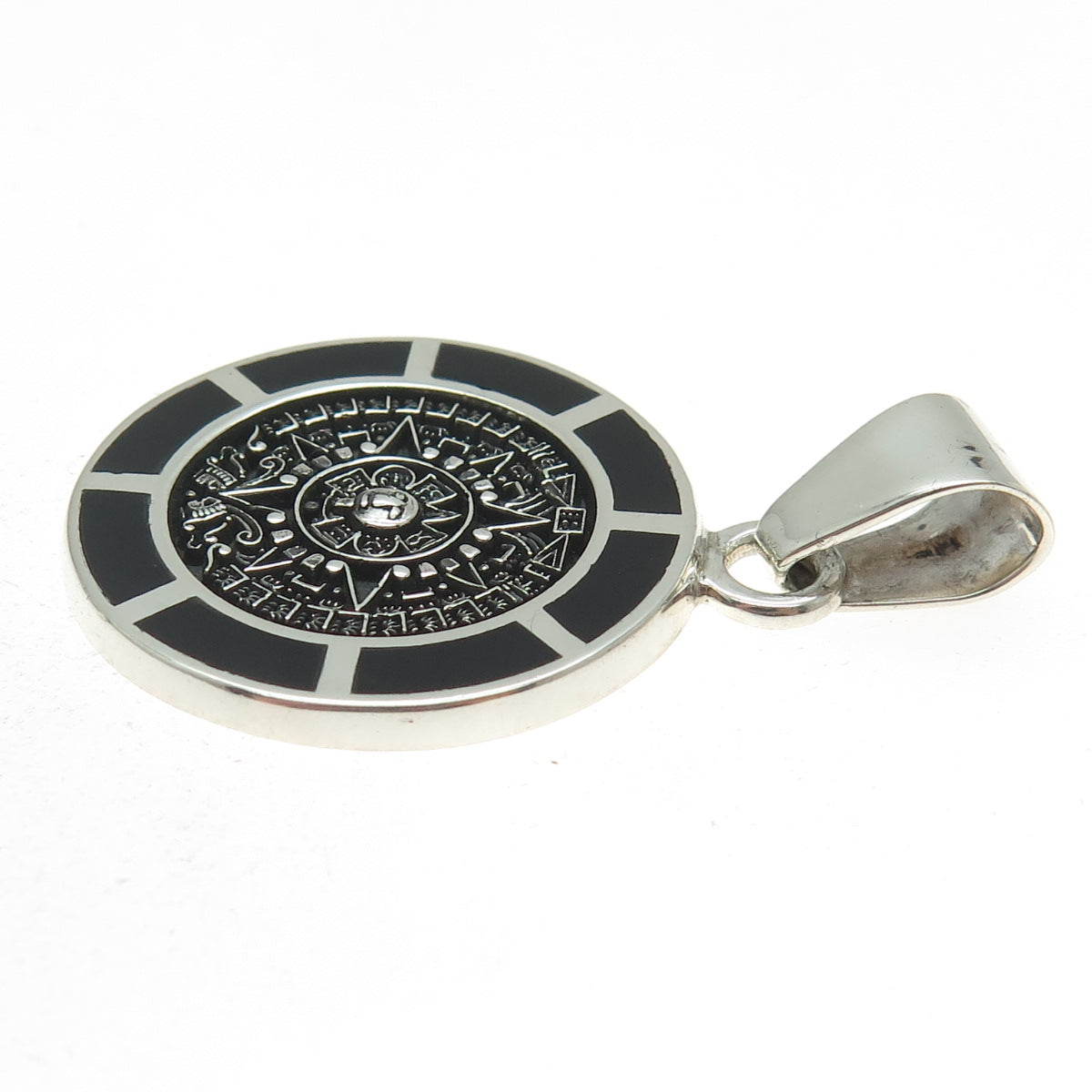 925 Sterling Silver Vintage Mexico Real Black Onyx Mayan Calendar Pendant