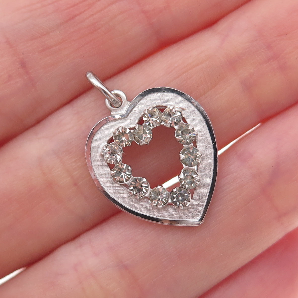 Tru-Kay 925 Sterling Silver Antique Art Deco Rhinestone Heart Charm Pendant