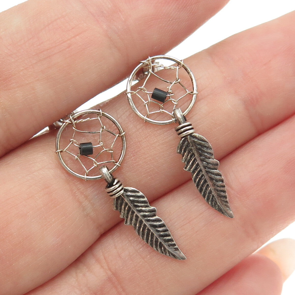 925 Sterling Silver Vintage Southwestern Real Black Onyx Dreamcatcher Earrings