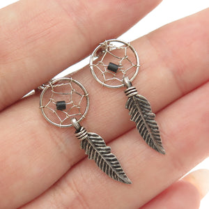925 Sterling Silver Vintage Southwestern Real Black Onyx Dreamcatcher Earrings
