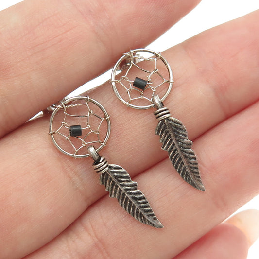 925 Sterling Silver Vintage Southwestern Real Black Onyx Dreamcatcher Earrings