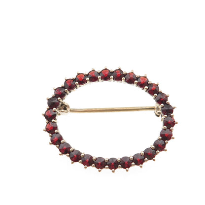 900 Silver Gold Plated Vintage Real Bohemian Garnet Oval Circle Pin Brooch