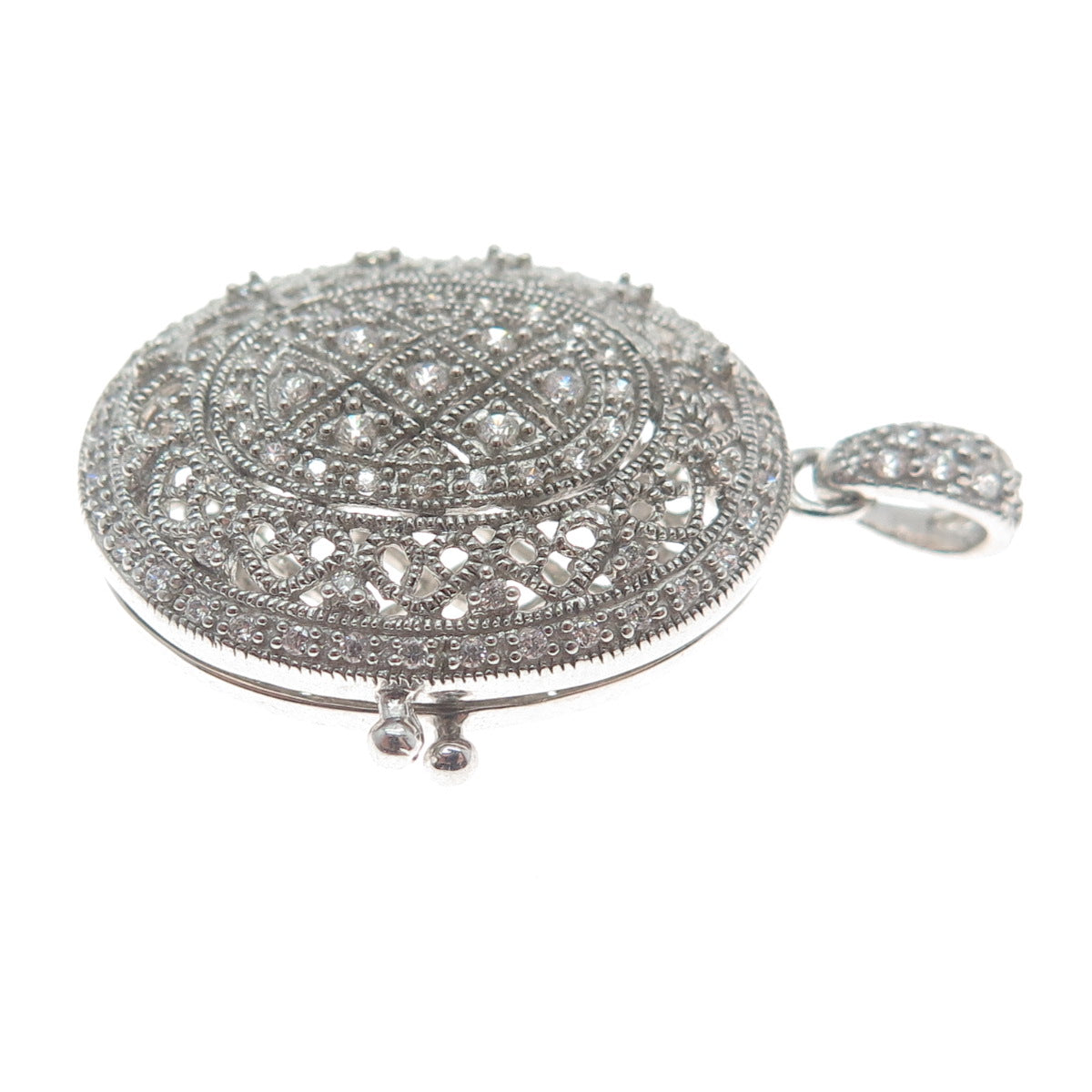 925 Sterling Silver Round-Cut Shaped C Z Ornate Oval Locket Pendant