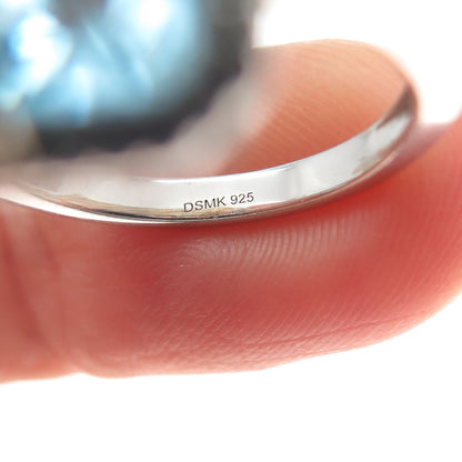 DSMK 925 Sterling Silver Real Emerald-Cut Blue Topaz & C Z Ring Size 7.5