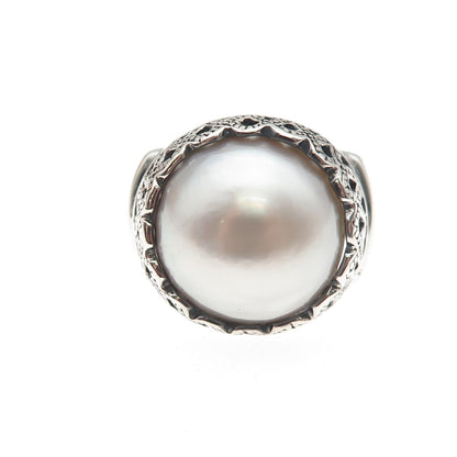 925 Sterling Silver Vintage WW Hong Kong Real Pearl Crown Oxidized Ring Size 8