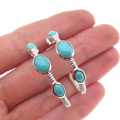 925 Sterling Silver Real Turquoise Station Hoop Earrings