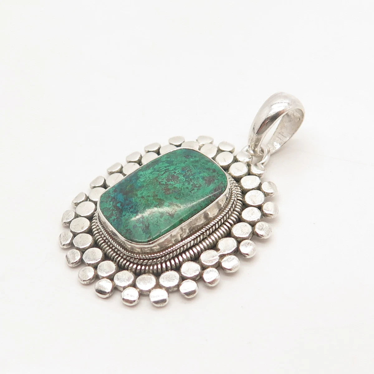 925 Sterling Silver Vintage Real Chrysocolla Gem Dotted Pendant