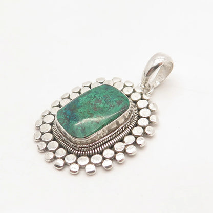925 Sterling Silver Vintage Real Chrysocolla Gem Dotted Pendant