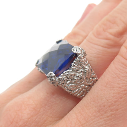 925 Sterling Silver Vintage Blue C Z Rose Flower Ring Size 7.25