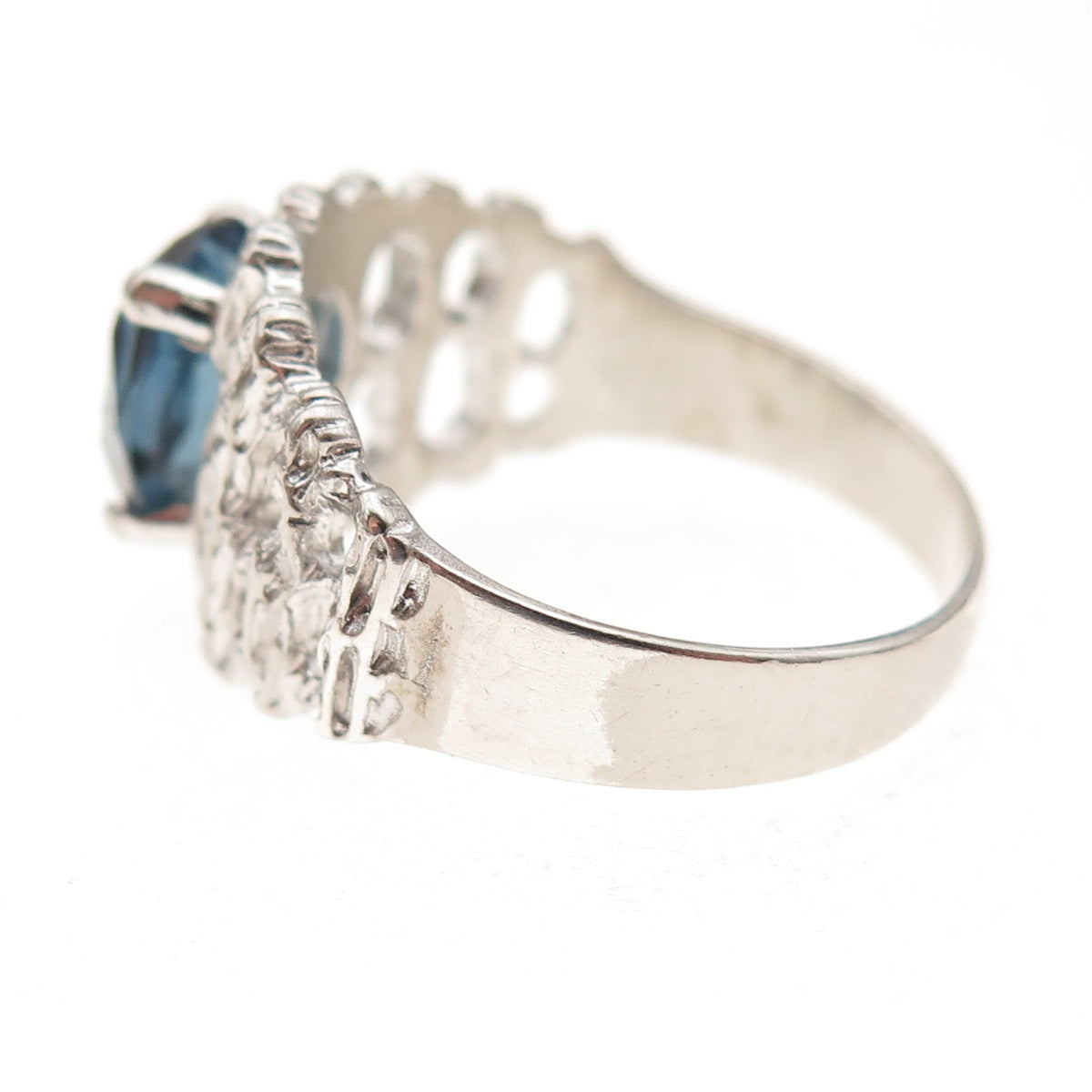 925 Sterling Silver Vintage Oval-Cut Blue Glass Modernist Ring Size 9.75