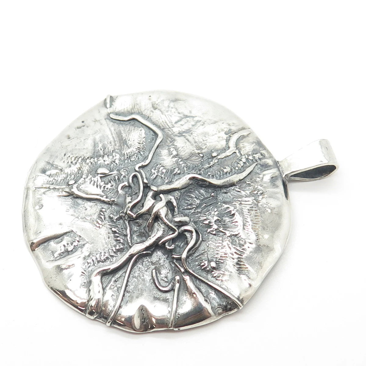 925 Sterling Silver Vintage Brutalist Modernist Large Round Pendant