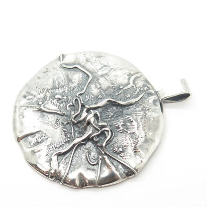 925 Sterling Silver Vintage Brutalist Modernist Large Round Pendant