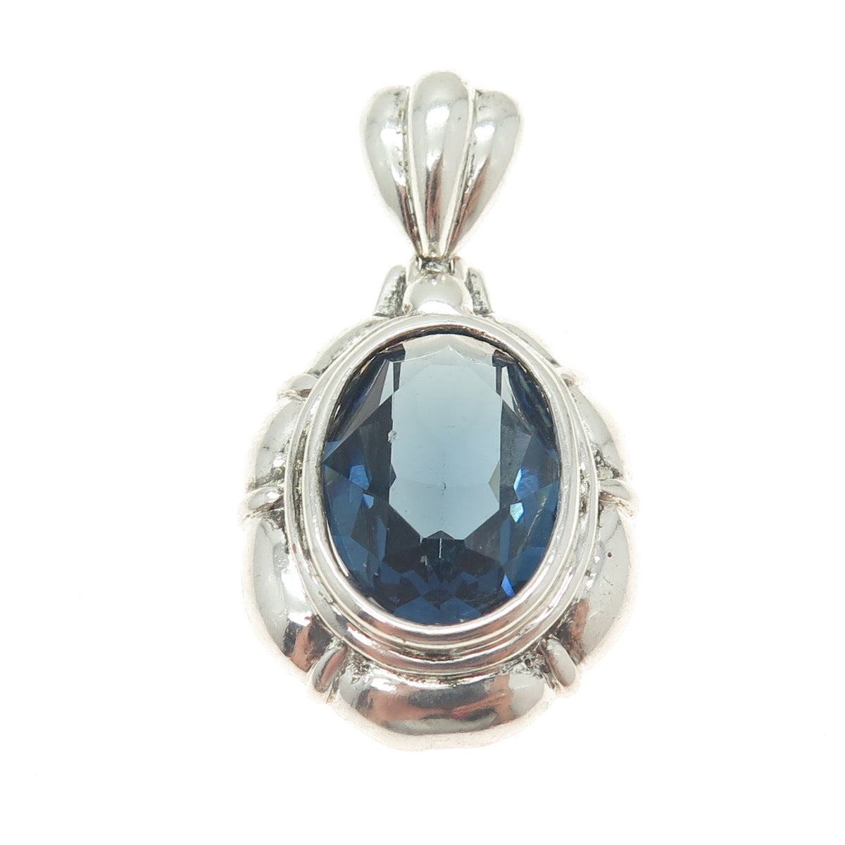 925 Sterling Silver Vintage Blue Oval-Cut Shaped C Z Pendant