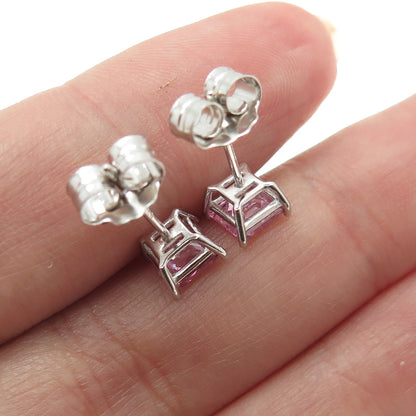 925 Sterling Silver Princess-Cut Shaped Pink C Z Stud Earrings