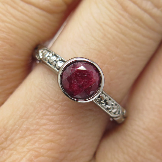 925 Sterling Silver Black Rhodium Round-Cut Ruby Gem Pebble Ring Size 8