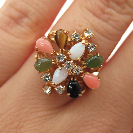 Gold Plated Vintage Real Opal Jade Coral Onyx Tiger Eye & Rhinestone Ring Size 6
