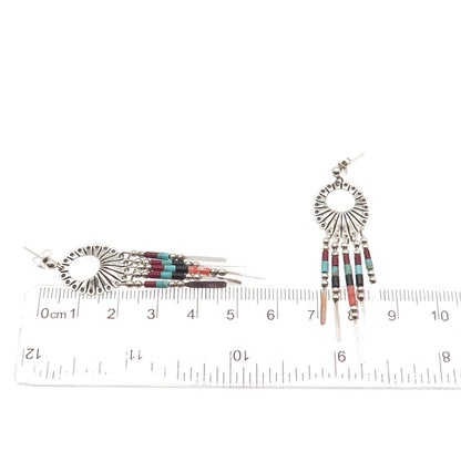 Quoc Turquoise Old Pawn Sterling Silver Vintage Southwestern Multi-Gem Earrings