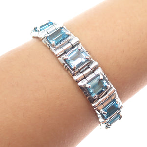 AF DESIGN Sterling Silver Vintage Blue Topaz Modernist Panel Link Bracelet 7.5"