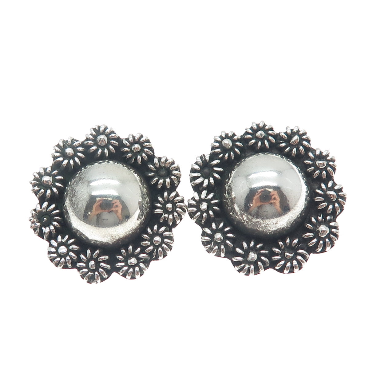925 Sterling Silver Vintage Mexico Cannetille Floral Oxidized Clip On Earrings