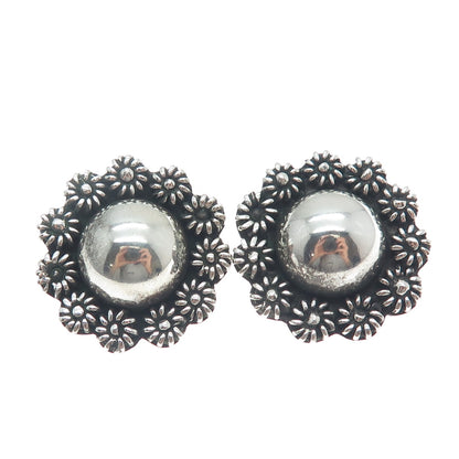 925 Sterling Silver Vintage Mexico Cannetille Floral Oxidized Clip On Earrings