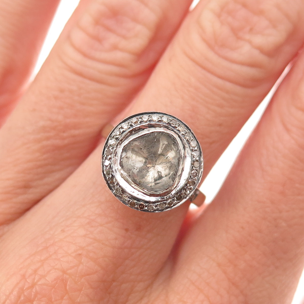 925 Sterling Silver Gold Plated Real Rose-Cut Diamond Ring Size 6.5
