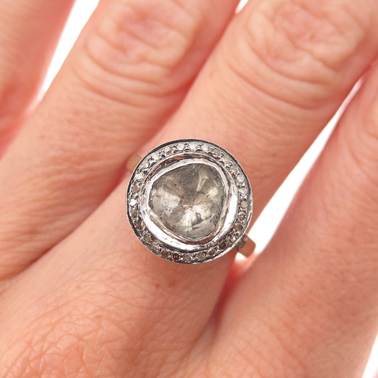 925 Sterling Silver Gold Plated Real Rose-Cut Diamond Ring Size 6.5