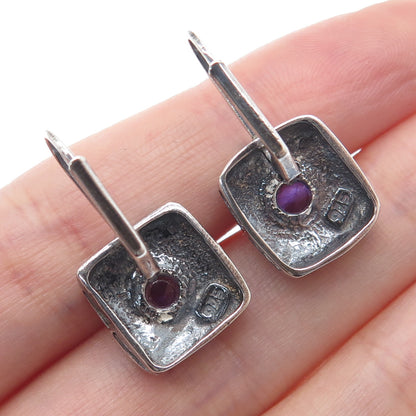 925 Sterling Silver Vintage Real Amethyst Modernist Swirl Oxidized Earrings