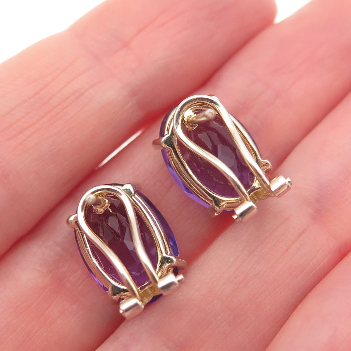 925 Sterling Silver Gold Plated Vintage Real Amethyst Omega Back Earrings