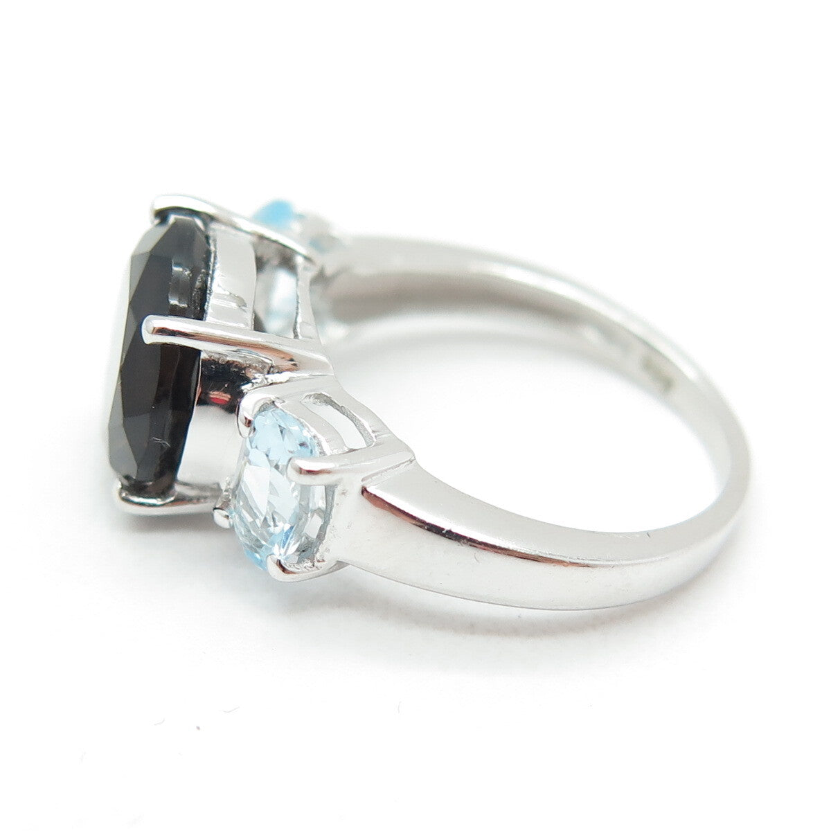 925 Sterling Silver Real Round-Cut Smoky Quartz & Blue Topaz Ring Size 6.25