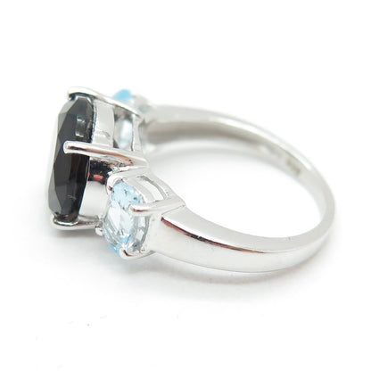 925 Sterling Silver Real Round-Cut Smoky Quartz & Blue Topaz Ring Size 6.25