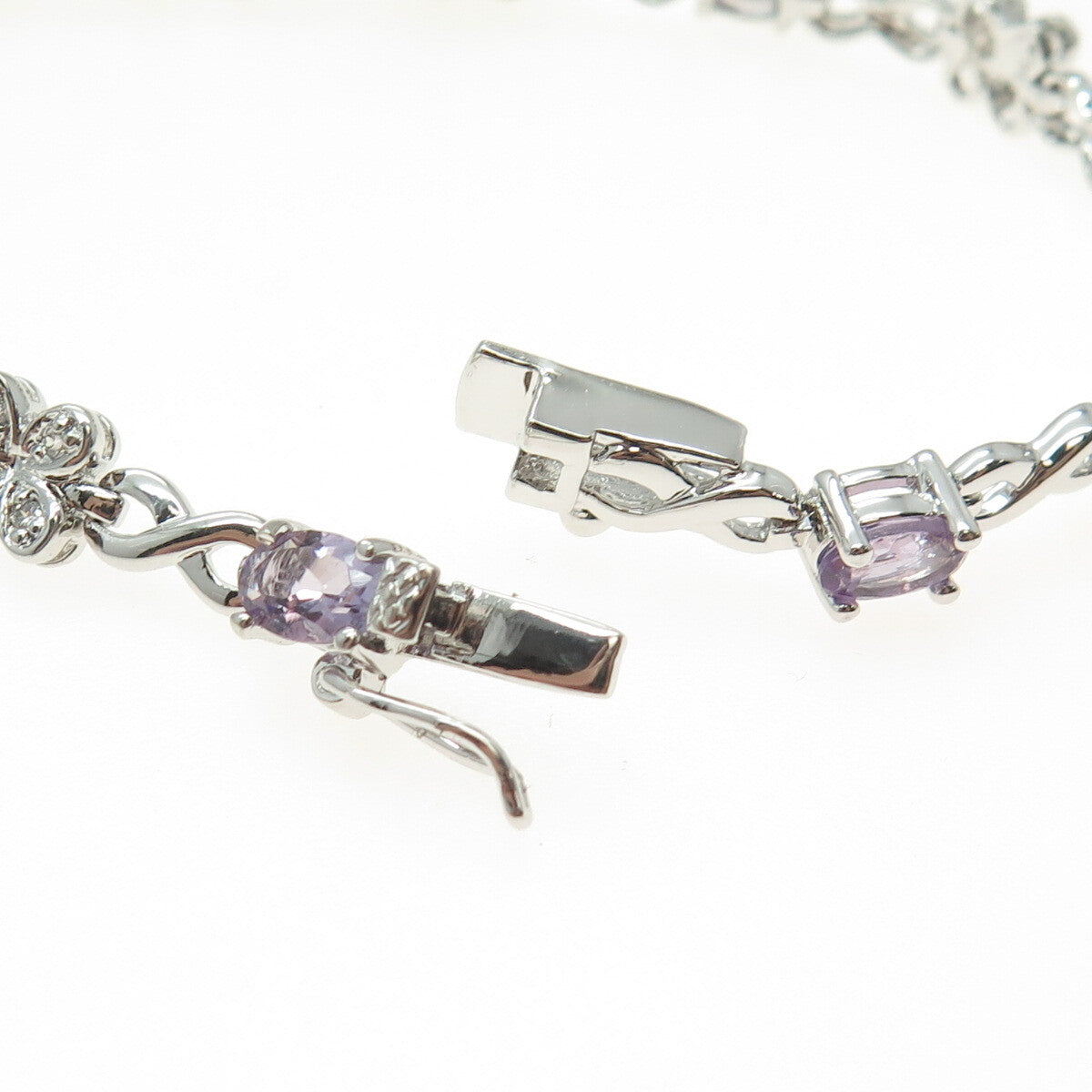 FADI 925 Sterling Silver Real Amethyst & C Z Flower Infinity Link Bracelet 7.5"