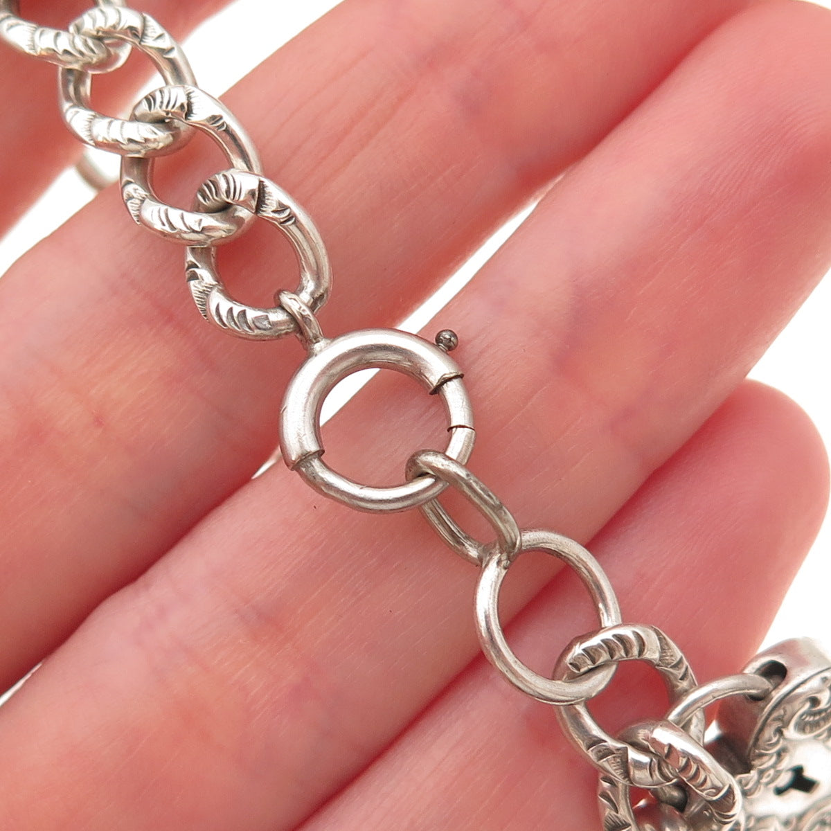 925 Sterling Silver Antique Art Deco Heart Padlock Curb Link Bracelet 7.75"