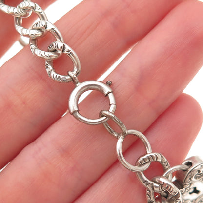 925 Sterling Silver Antique Art Deco Heart Padlock Curb Link Bracelet 7.75"