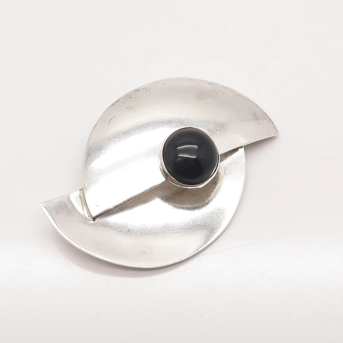 925 Sterling Silver Vintage Mexico Real Black Onyx Gem Modernist Pin Brooch