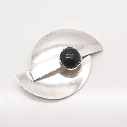 925 Sterling Silver Vintage Mexico Real Black Onyx Gem Modernist Pin Brooch