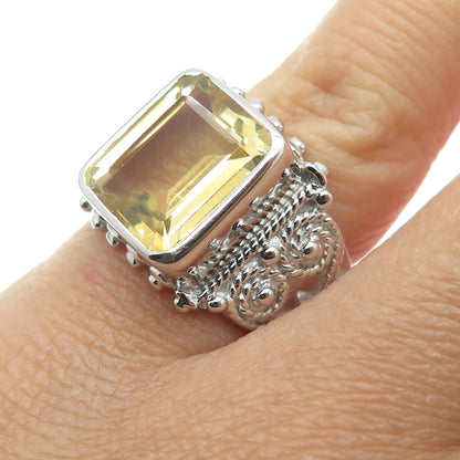 925 Sterling Silver Real Emerald-Cut Citrine Swirl Ring Size 6