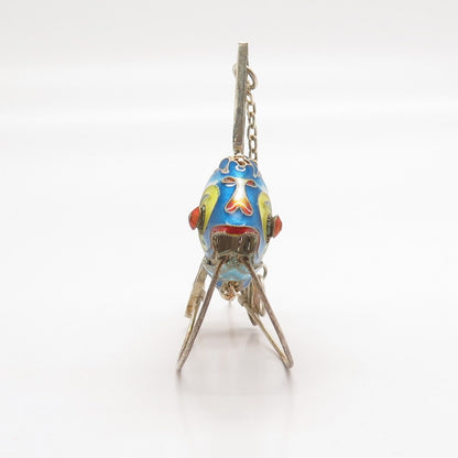 925 Sterling Silver Antique Enamel Chinese Koi Fish Articulated Chatelaine Fob
