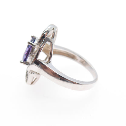 925 Sterling Silver Nano Amethyst & C Z Flower Ring Size 6.75