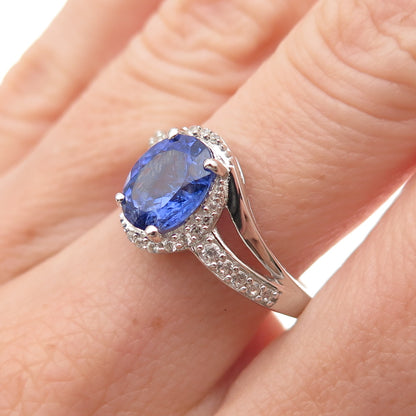 925 Sterling Silver Real Tanzanite & White Topaz Bypass Ring Size 8