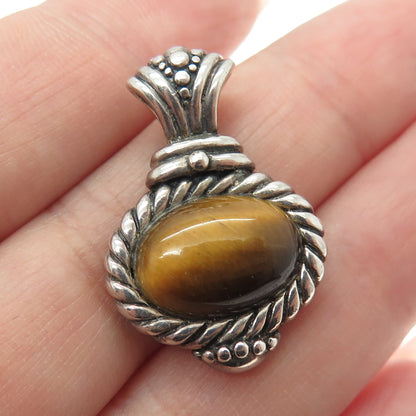 925 Sterling Silver Vintage Real Tiger Eye Gemstone Boho / Ethnic Pendant